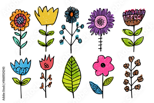 Vibrante coleção de flores e folha desenhadas à mão em estilo rabisco infantil, ideais para designs com fundo transparente.