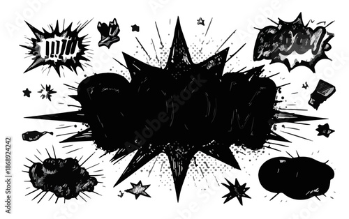 Ilustrações vetoriais transparentes de explosões de quadrinhos, balões de fala e elementos gráficos de impacto para projetos criativos.