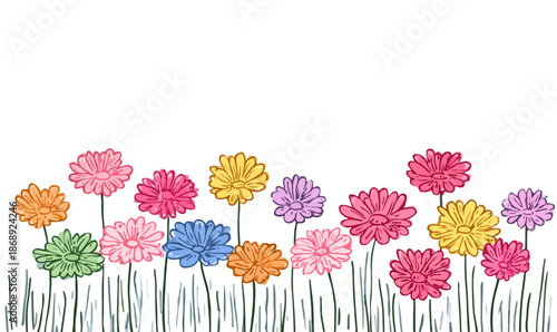 Ilustração vetorial de flores coloridas estilo desenhado à mão, ideal para designs de primavera com fundo transparente.