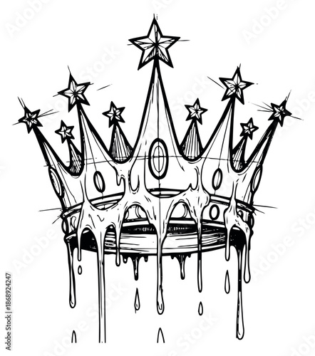 Grunge line art illustration of a melting crown with stars depicting dripping ink for a hip hop design