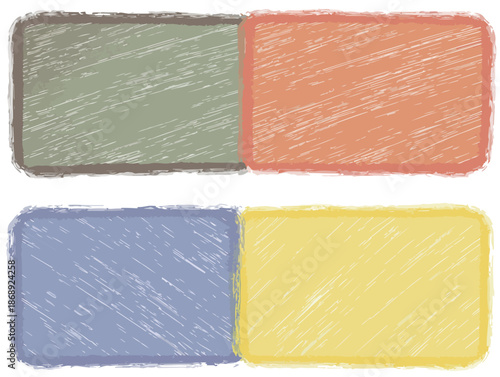 Quatro retângulos coloridos com textura de giz de cera e bordas arredondadas, ideais como elementos gráficos transparentes para design.