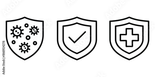Immune System and Antibacterial Protection Line Icons, Clean Vector Graphics Representing Immunity, Virus Protection, Antibacterial Defense, Healthcare