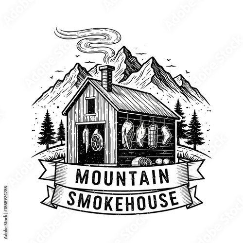 Rustic Mountain Smokehouse with Meats Hanging Outside.