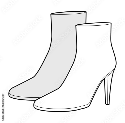 Slim stiletto platform boot women sketch pair. Extended shaft with thin heel for winter, fashion and seasonal trend. Technical fashion illustration CAD mockup vector men unisex isolated elegant style
