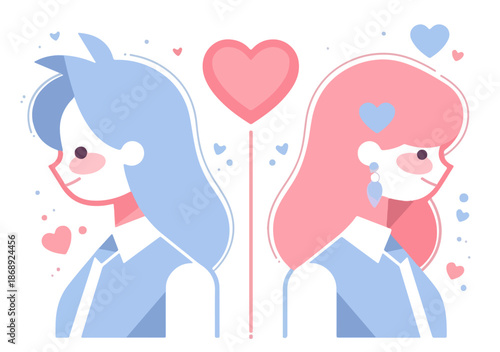 Duas pessoas estilizadas com cabelo azul e rosa, conectadas por corações, simbolizando amor, união e comunicação em um fundo transparente.