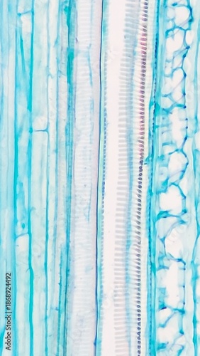 Longitudinal section of plant stem showing spiral and sclariform xylem vessels