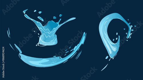 Dynamic liquid water splash with falling droplet, crashing sea wave and swirling eddies. For advertising web design or marketing visuals. Vector illustration.