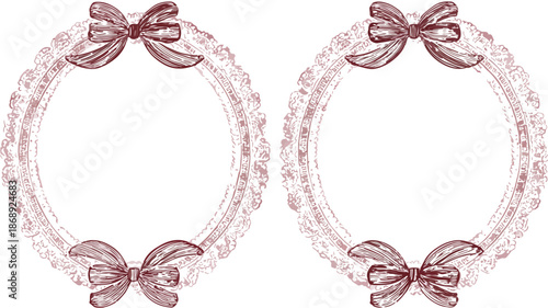 Molduras circulares duplas em estilo vintage com laços delicados e textura de renda bordô, perfeitas como elementos decorativos transparentes para convites e designs.