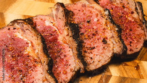 Sirloin steaks sliced into beautiful cuts, heavily coated in spice rub, rare in the center. Juicy, tender, and packed with flavor. Perfect for gourmet meals and meat lovers.