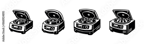 Laboratory equipment vector icons set: centrifuge collection for science and research