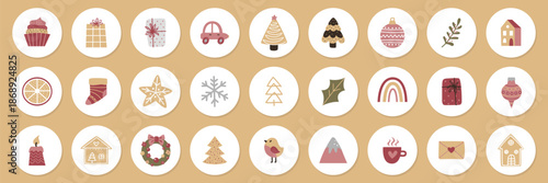Cute pastel Christmas sticker set with round labels. Funny cartoon Santa, snowman, reindeer, bear, cat and gingerbread faces. Retro flat vector icons for kids, gifts, tags and winter holiday designs.