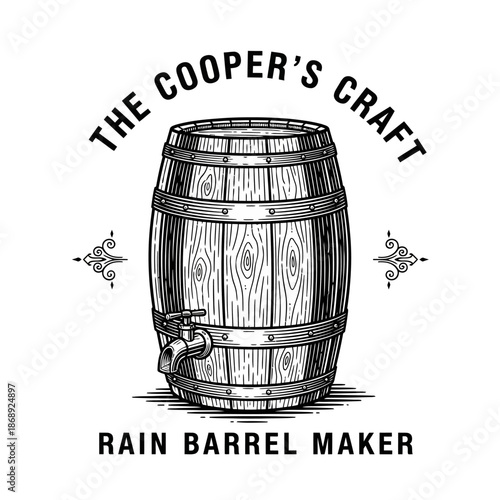 The Coopers Craft Rain Barrel Maker Vintage Illustration.