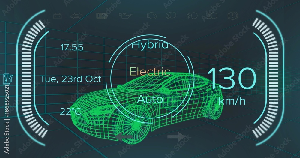 Fototapeta premium Displaying neon-green wireframe sports car angling in virtual-garage, with mode rings and 130 km or 