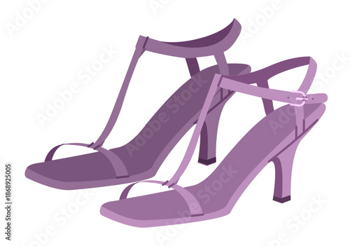 T bar sandal women purple heel flat pair. Strappy dress footwear for party, wedding, summer celebration. Technical fashion illustration, CAD mockup, bright vector men unisex isolated feminine style.