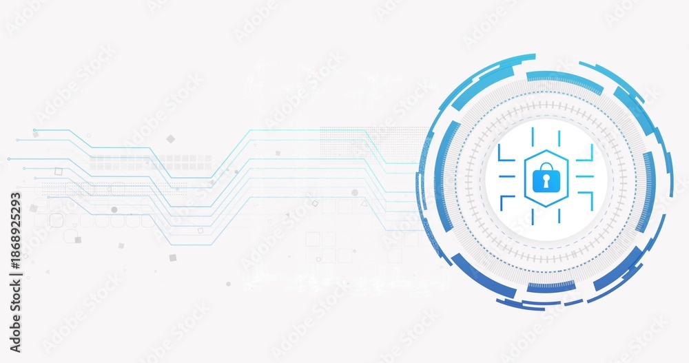 Obraz premium Displaying blue-white circular interface showing concentric rings and padlock on right, copy space