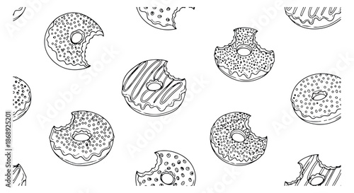 Hand drawn line art donut pattern set featuring various bitten donuts with sprinkles and frosting for bakery and sweet treat designs