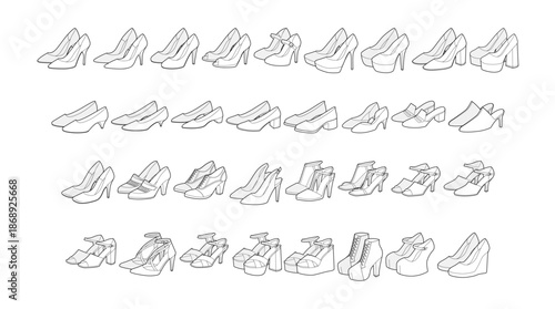 High heel pairs shoe women sketch collection. Pump stiletto Mary Jane platform, sandal wedge mule outlined. Technical drawing board, footwear CAD mockup, clean vector illustration catalog and design.