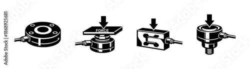 Sensor technology vector icons set: load cell, force sensor, strain gauge symbols