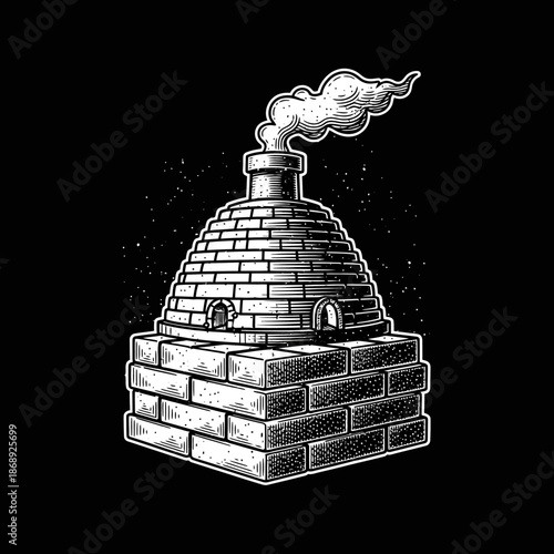 Traditional Brick Kiln with Smoking Chimney Hand Drawn Illustration.