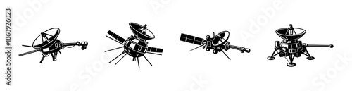 Space exploration vector icons set: satellite, spacecraft, probe silhouettes