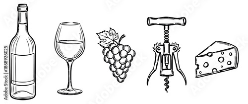 Hand drawn line art wine and cheese set featuring a bottle, glass, grapes, corkscrew, and cheese for food and beverage design