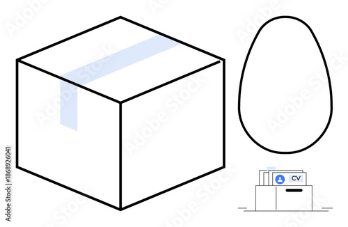Packaging concept. a cardboard box, an egg shape, and a document file icon, this image explores creative concepts of packaging, versatility, and organization. Suitable for logistics, storage food