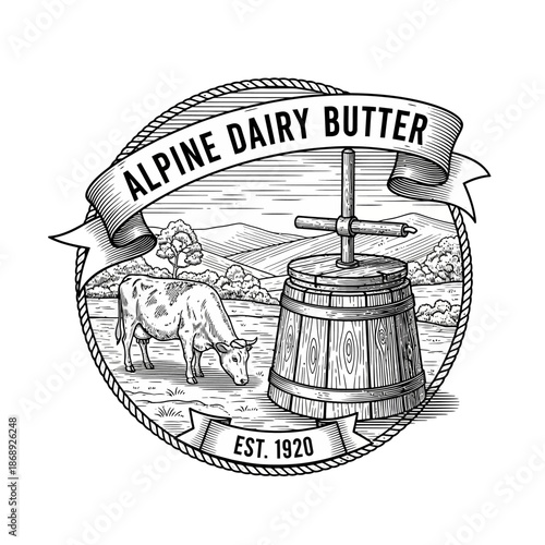 Vintage Alpine Dairy Butter Logo with Cow and Butter Churn.