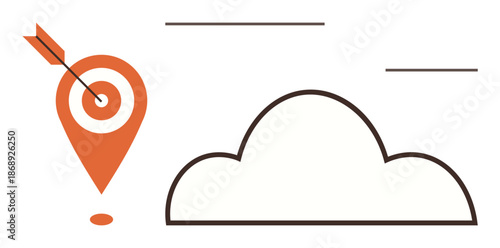 Goal setting, data storage, cloud computing, navigation, technology, and connectivity. A target marker with an arrow hitting the center next to a simple cloud design. Goal setting and data storage
