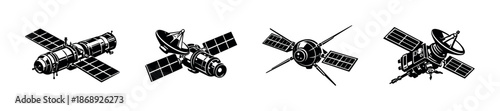 Spacecraft and satellite vector icons set: spacecraft, satellite, aeronautics, technology