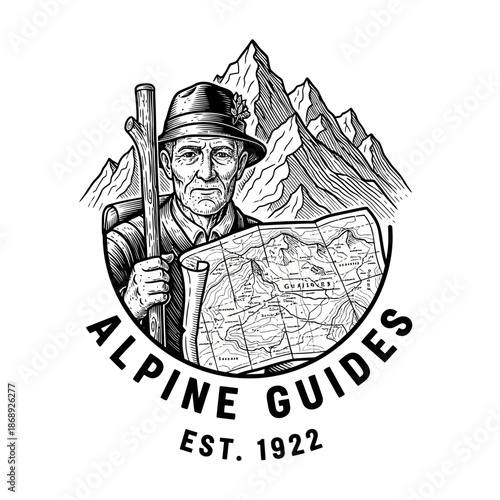 Vintage Alpine Guide with Map and Walking Stick.