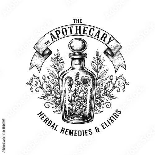 Vintage Apothecary Bottle Filled with Herbs and Flowers.