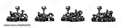 Mars rover exploration: robotic vector icons set for space illustration