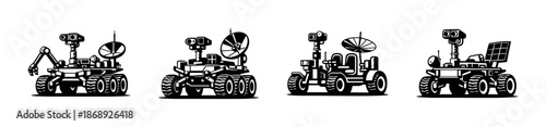 Space exploration vector icons set: robotic rovers, probes, and satellites collection