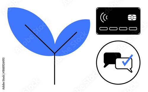 Blue plant symbolizing eco-friendliness, contactless payment card for technology, speech bubbles promoting communication. Ideal for finance, technology, sustainability, growth, innovation