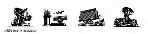 Radar and satellite base vector icons set: surveillance, communication, tracking