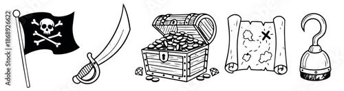 Hand drawn line art pirate set featuring a skull flag, saber, treasure chest, treasure map, and hook hand for adventure designs