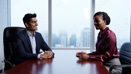 Business Dialogue:  Two professionals engage in a focused business conversation within a modern office setting.