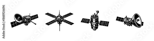 Satellite vector icons set with space technology symbols for communication
