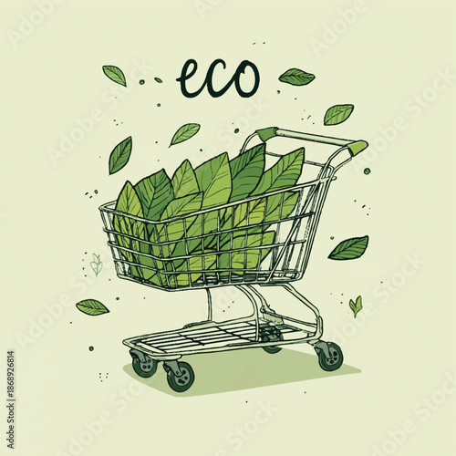 Sustainable Shopping Trolley Vector, Green Eco-Friendly Grocery Cart with Recyclable Fabric Theme