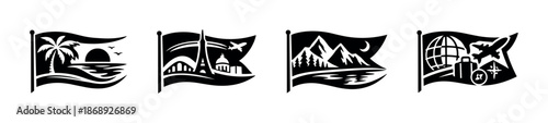 Adventure travel vector icons set: flags, landmarks, nature, exploration symbols