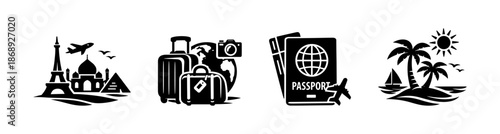 Travel and tourism vector icons set: suitcase, passport, globe, camera symbols