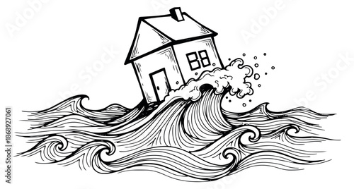 Hand drawn line art illustration of a house depicting sinking in a flood for natural disaster warning