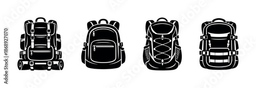 Backpack vector icons set featuring hiking, travel, and camping bag designs