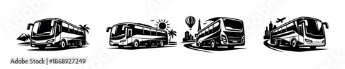 Bus travel vector icons set with urban and nature scenes elements