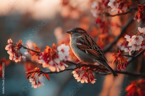 Sparrow perched on a blossoming branch in warm golden light