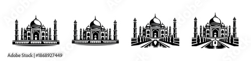 Indian landmarks vector icons set. taj mahal symbols in black, white, outline styles.