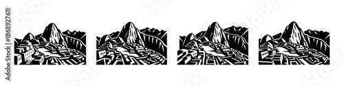 Machu picchu vector icons set: ancient, inca, archaeological, historical mountain ruins