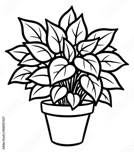 Hand drawn line art illustration of a potted plant depicting lush foliage for home decor