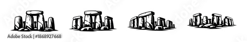 Stonehenge vector icons set: ancient monument symbols, outline, history