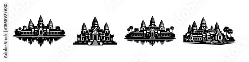 Cambodia landmarks vector icons set: angkor wat silhouettes, cultural heritage